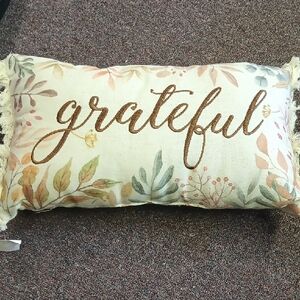 Autumn Leaves Grateful Pillow - Cream and Brown